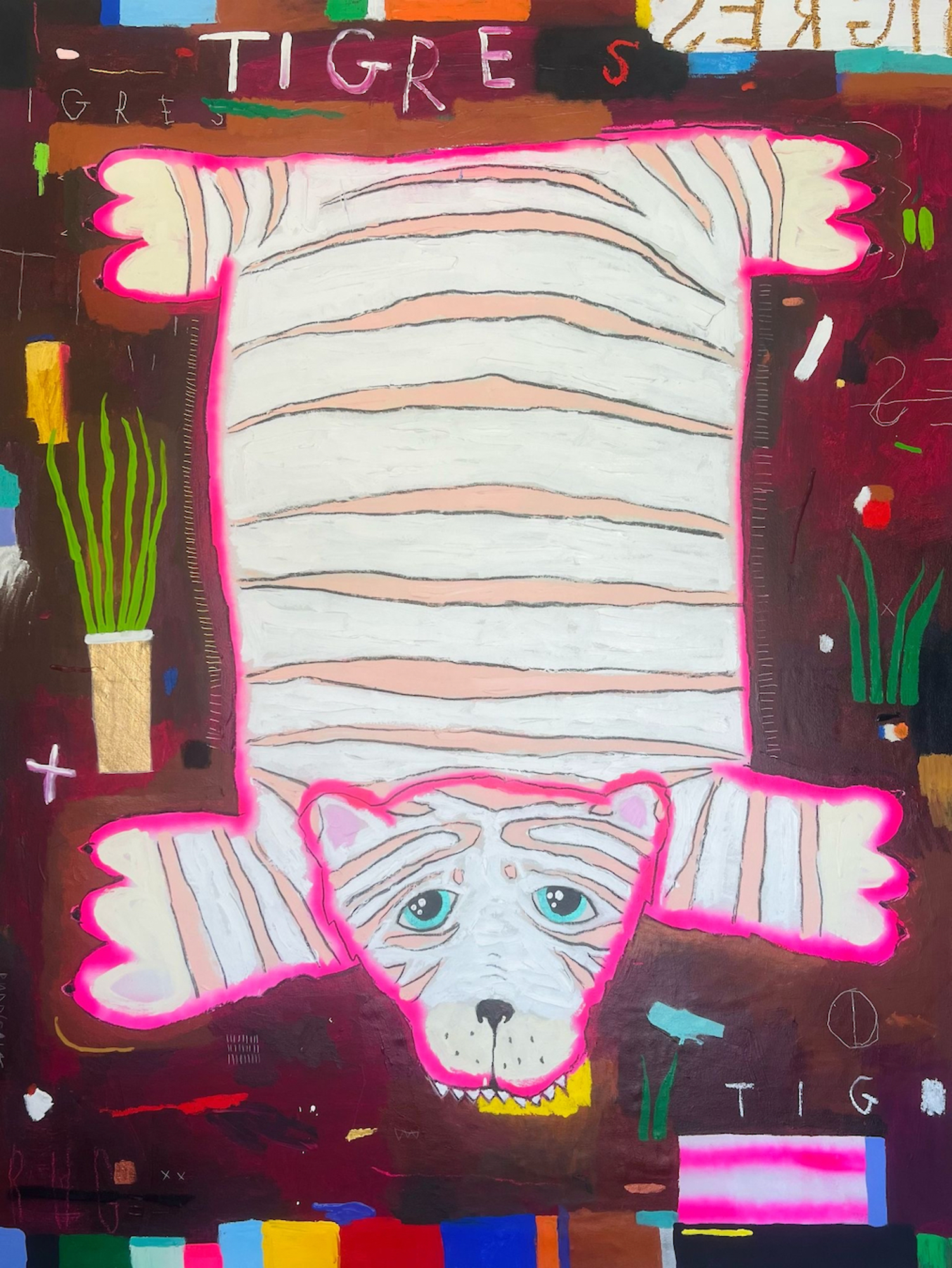 A painting of a white tiger laying on top of a table.