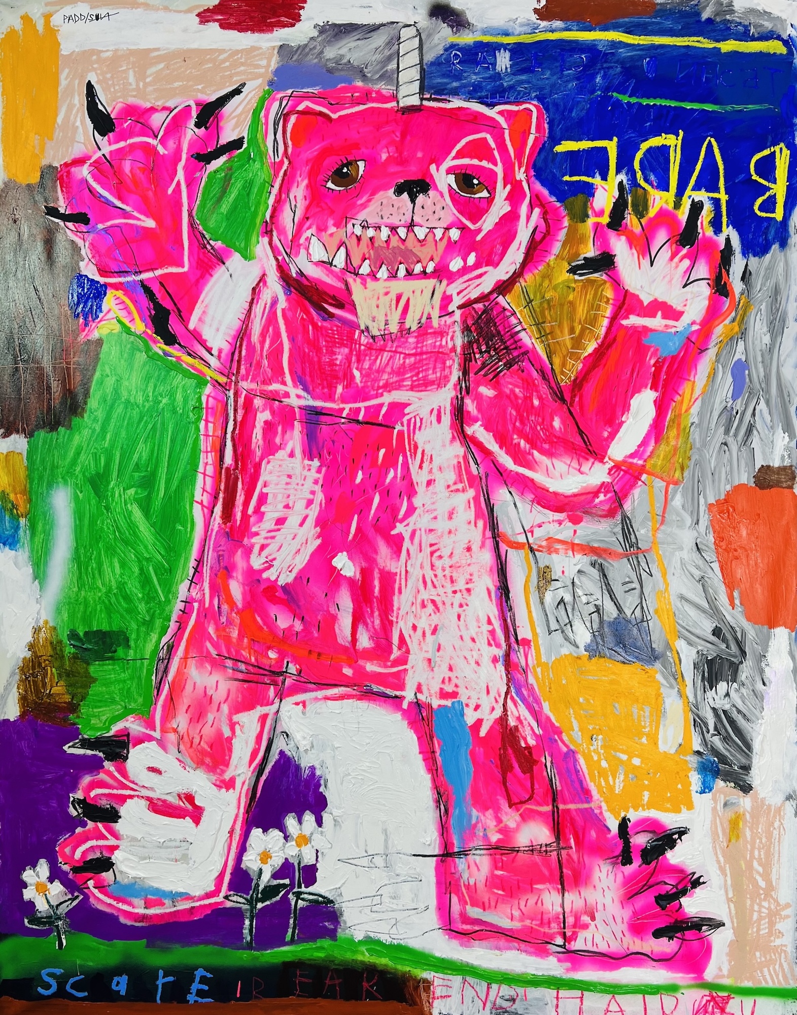 A child's drawing of a pink bear with a unicorn horn on its head.
