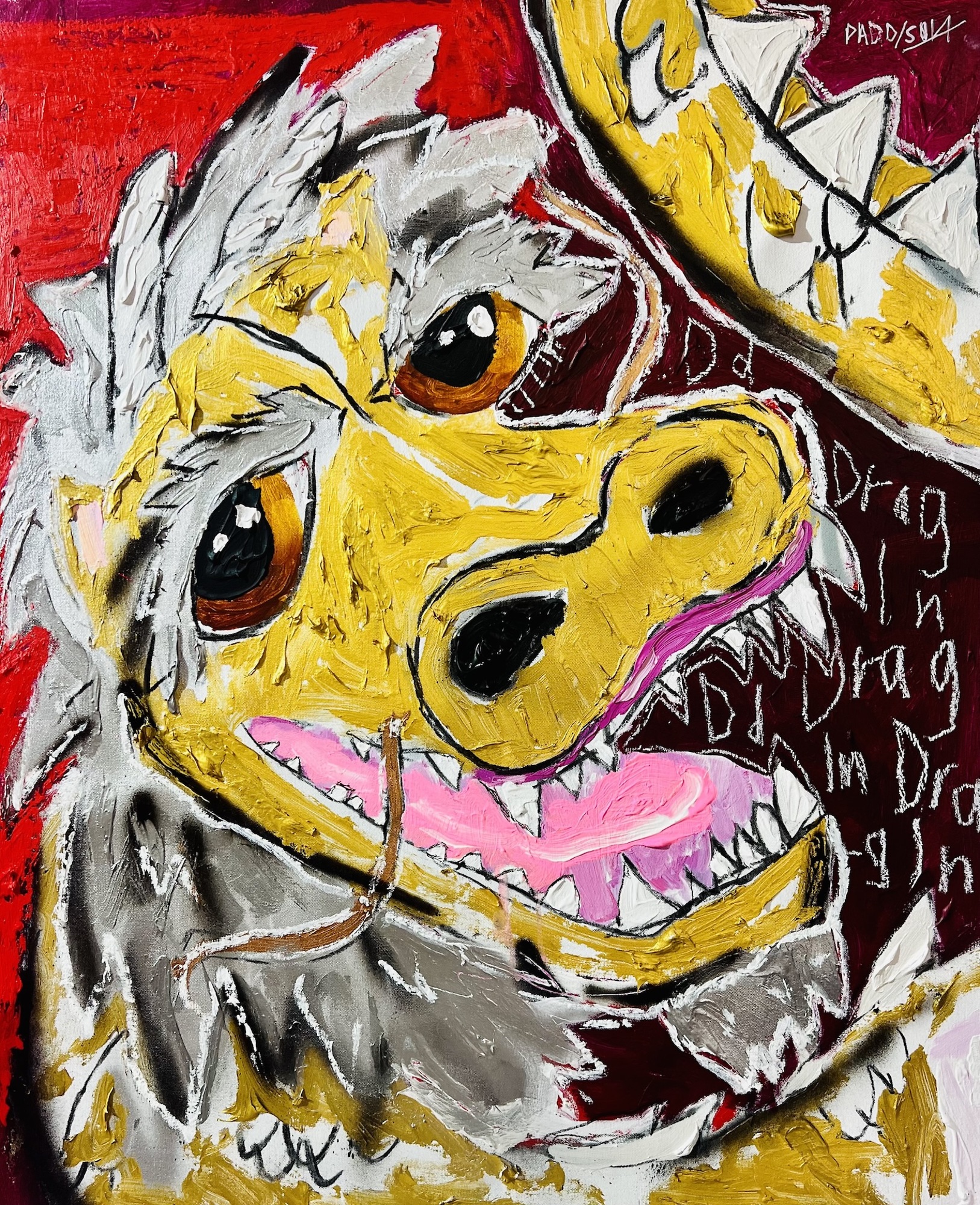 A painting of a yellow and white dragon on a red background.