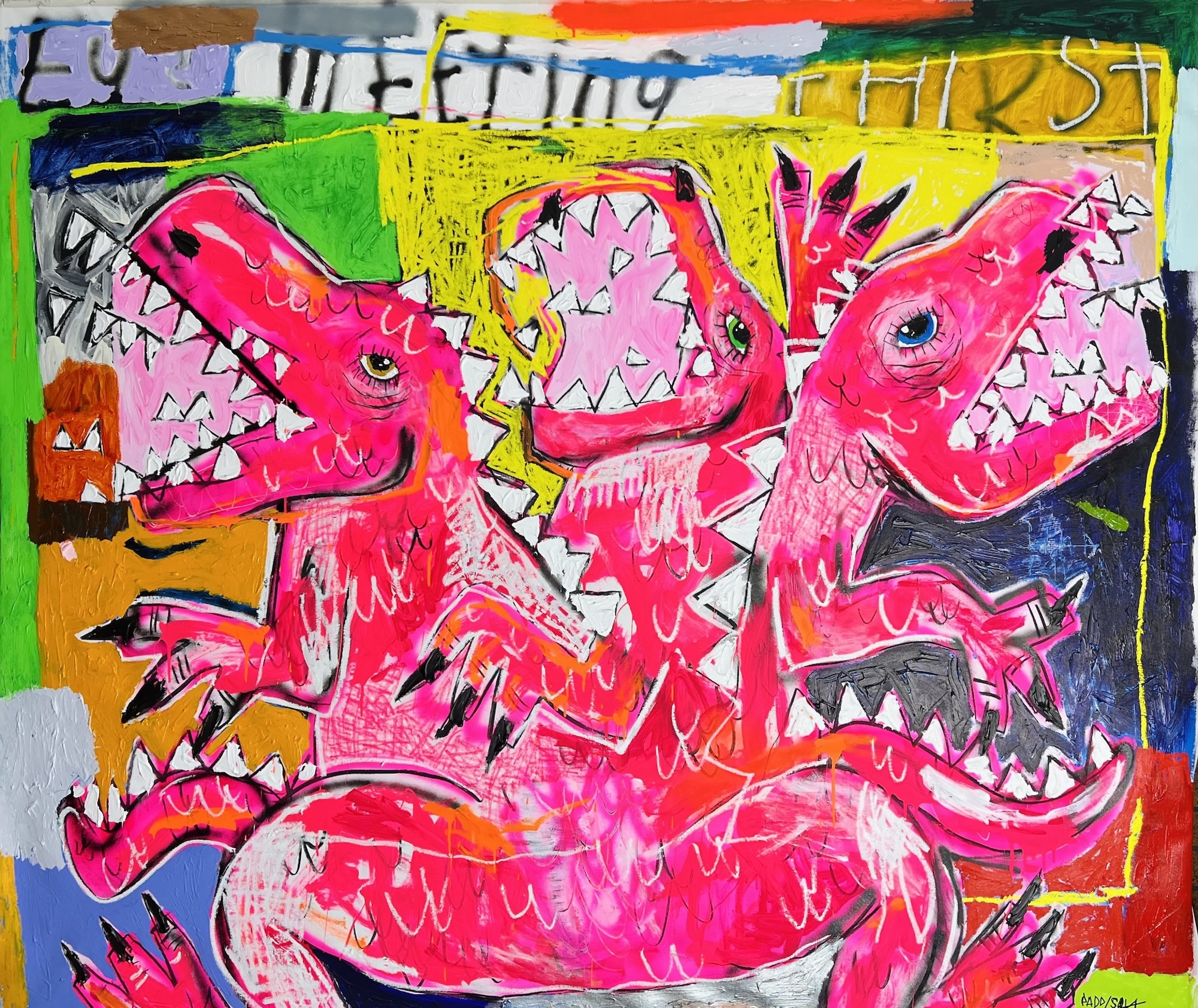 A painting of three pink dinosaurs on a colorful background.