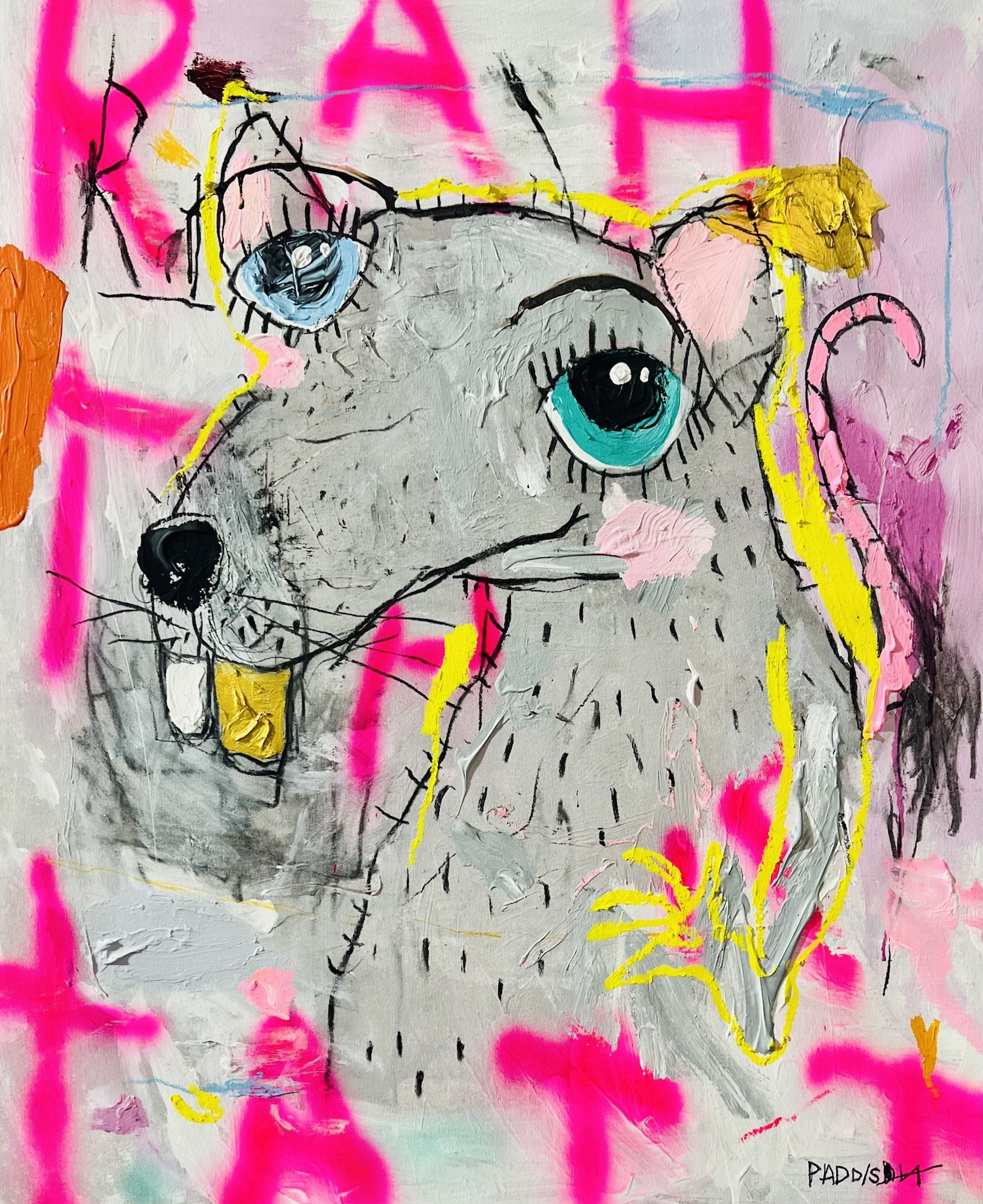 A painting of a rat with blue eyes on a pink background.