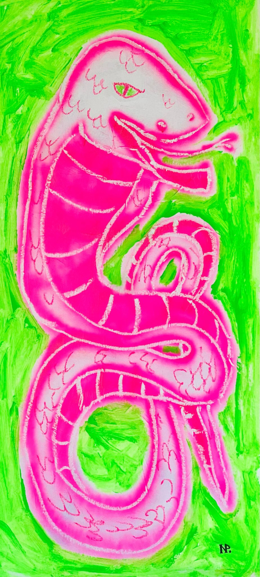 A painting of a pink snake on a green background.
