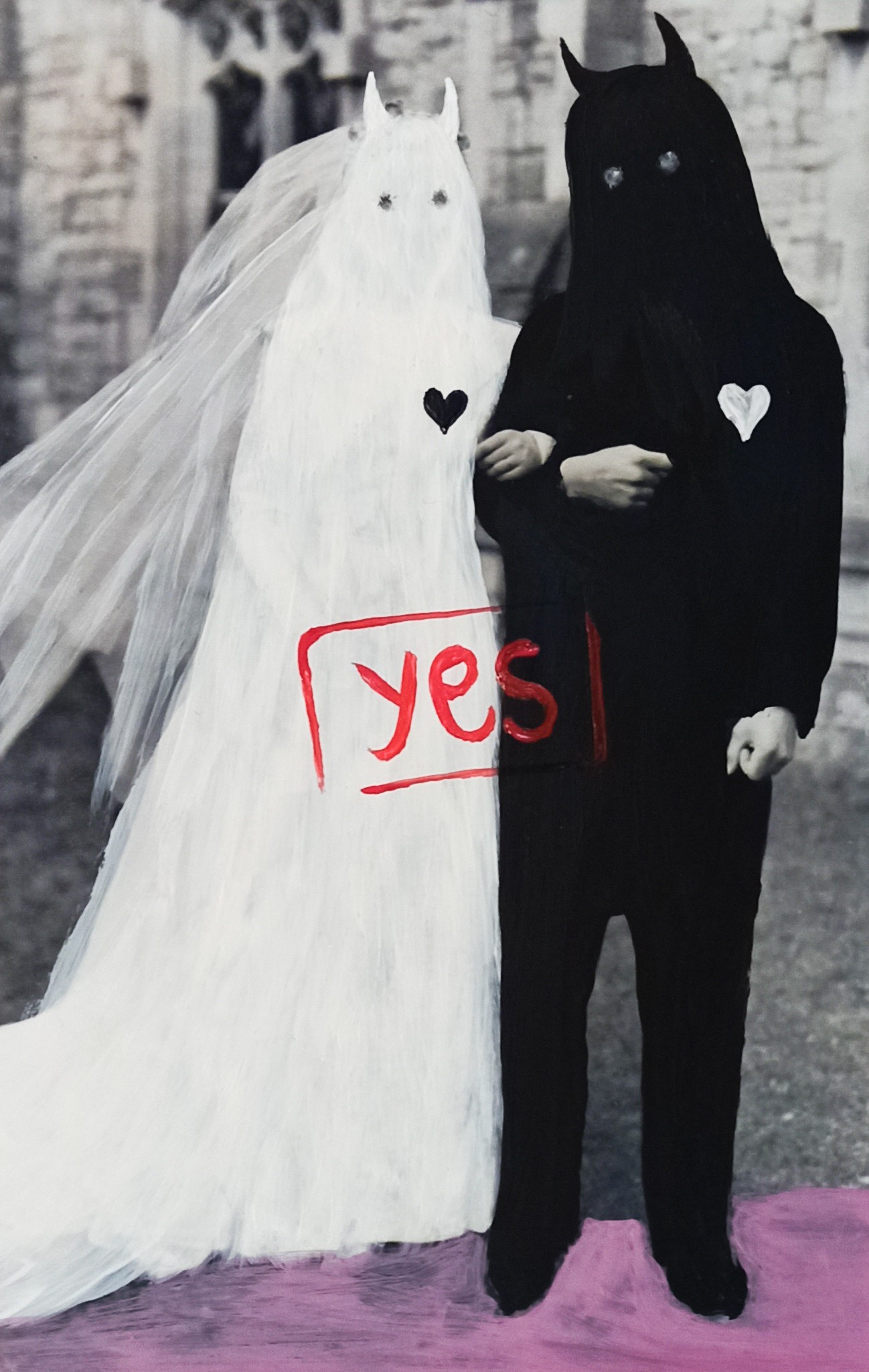 A surreal wedding portrait featuring a white horse-like figure and a black demonic figure standing together.