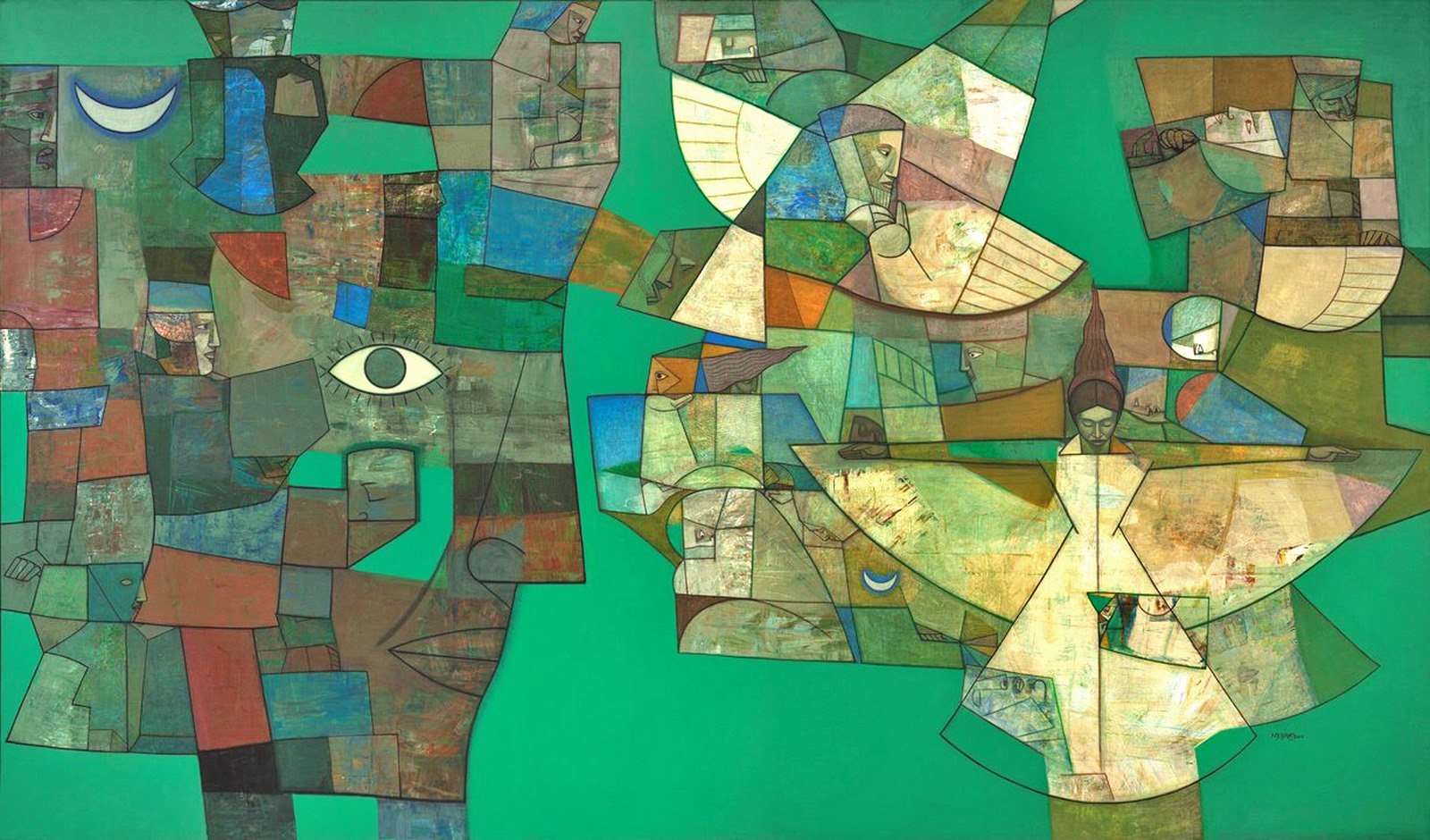 A painting of a group of people on a green background.