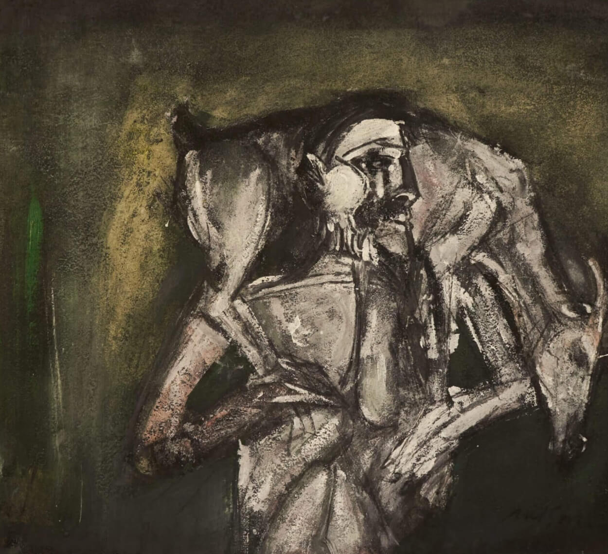 A painting of a man with a goat in his hands.