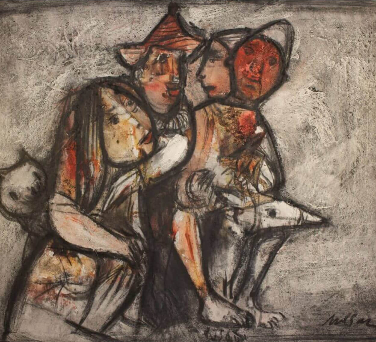 A painting of a group of people sitting on a bench.