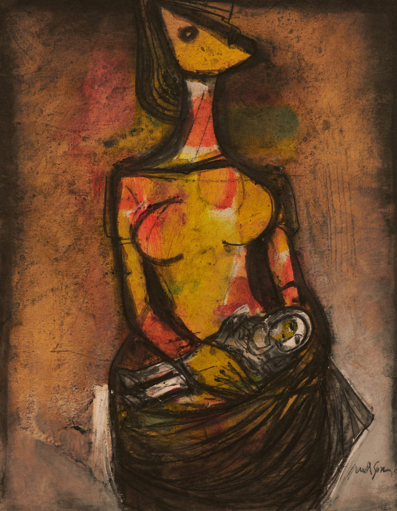 A painting of a woman holding a baby in her arms.