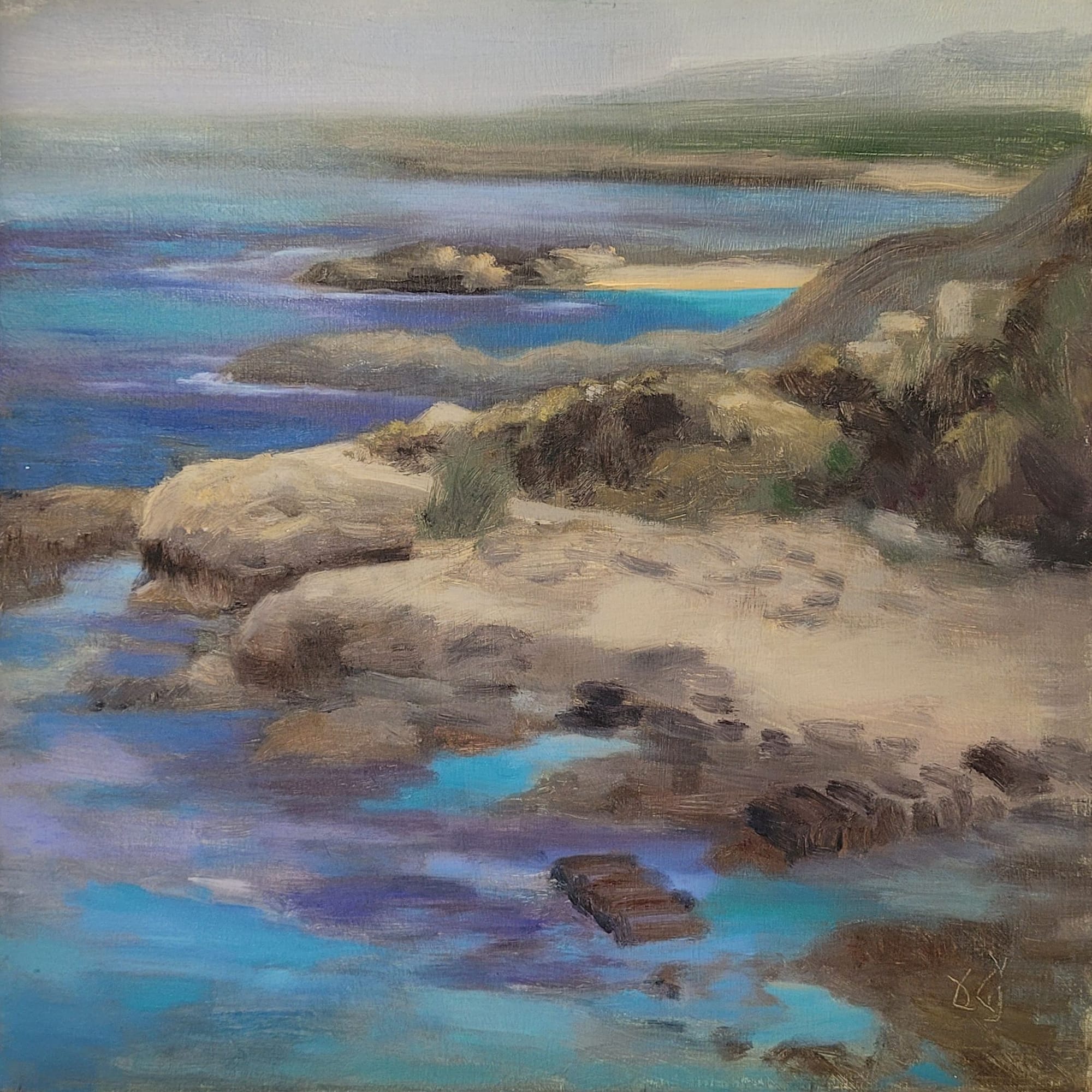 A painting of a rocky shoreline with a body of water.