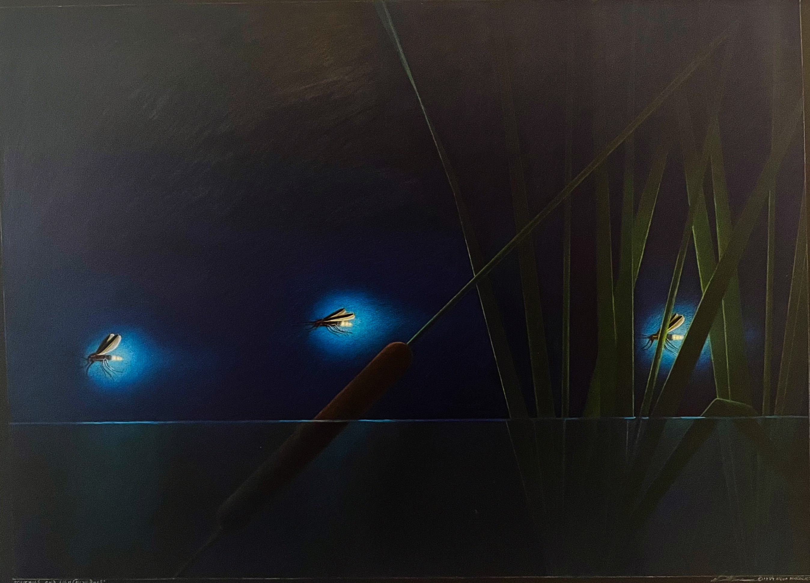 A painting of two dragonflies sitting on top of a pond.