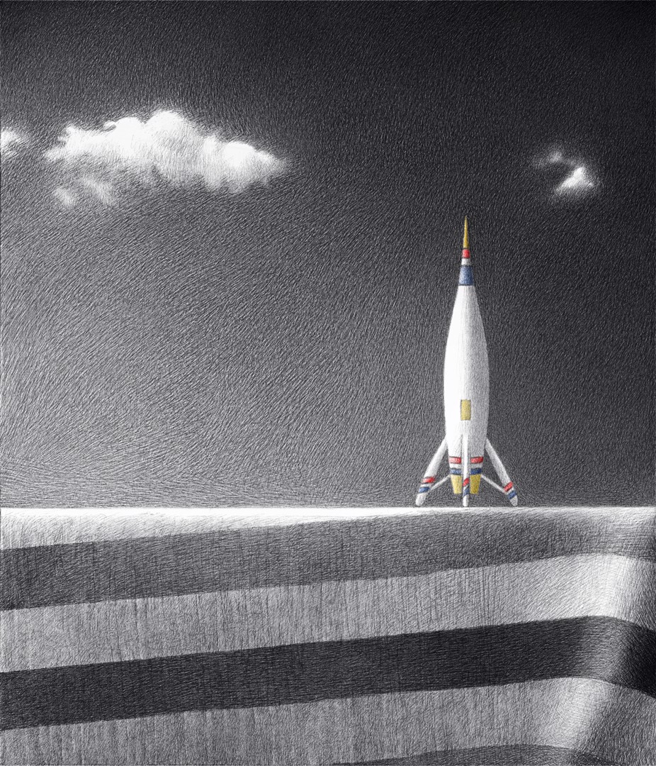 A drawing of a rocket on top of a hill.