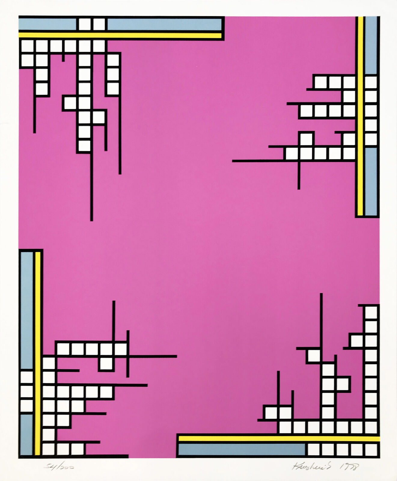 A pink and blue abstract painting on a pink background.