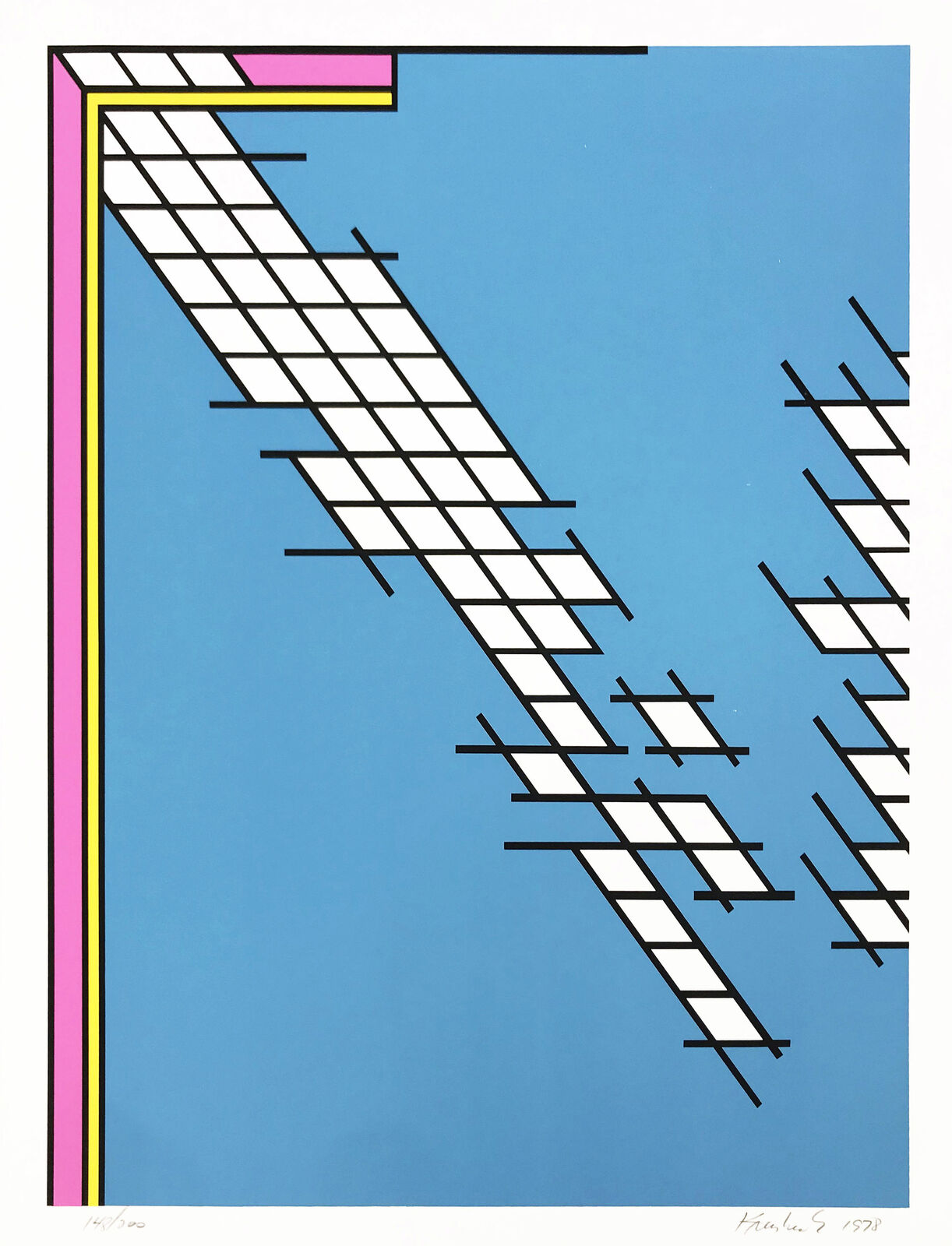 A blue and pink poster with a geometric design.