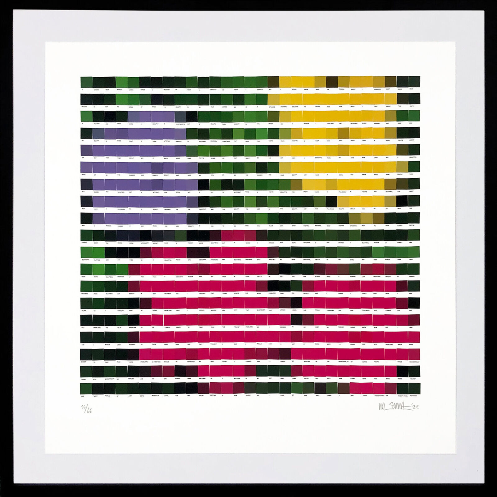 A picture of a color chart in a black frame.