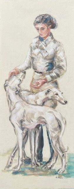 a painting of a woman and two greyhounds