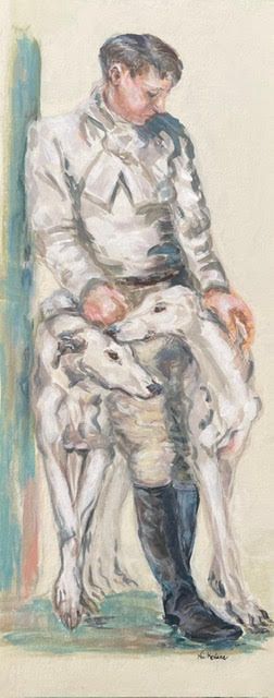 a painting of a man sitting on top of a dog