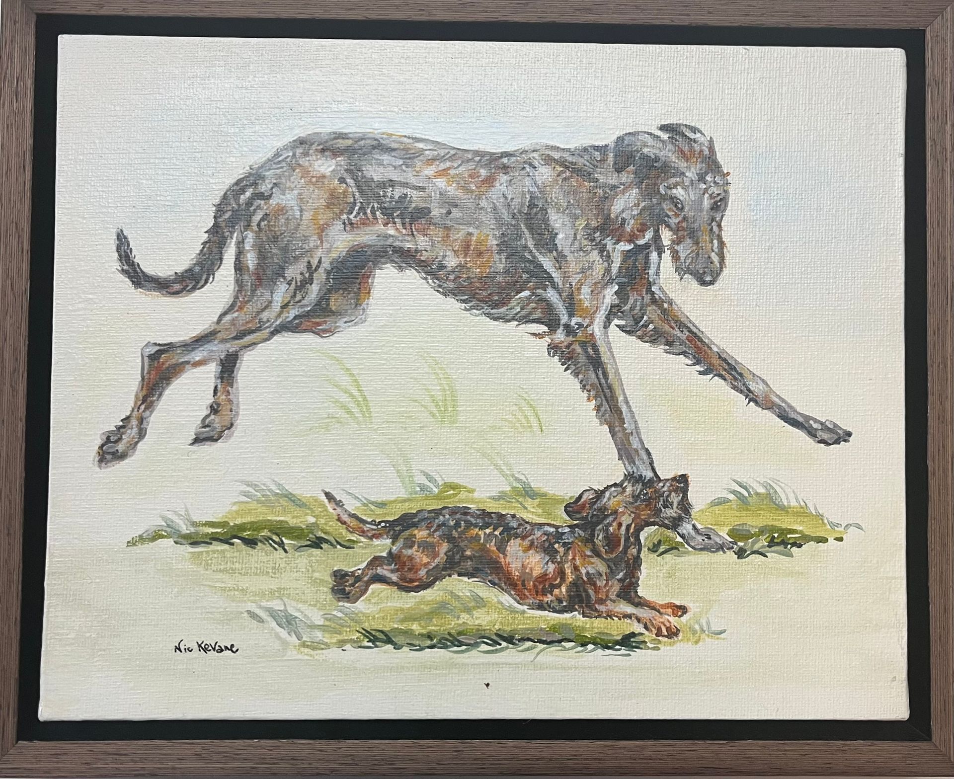 A dynamic painting of two dogs in motion, one leaping over the other.