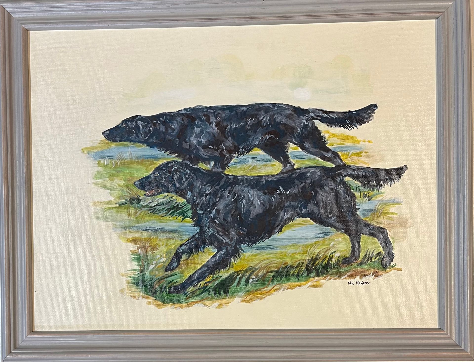 A painting of two black dogs running in a field.