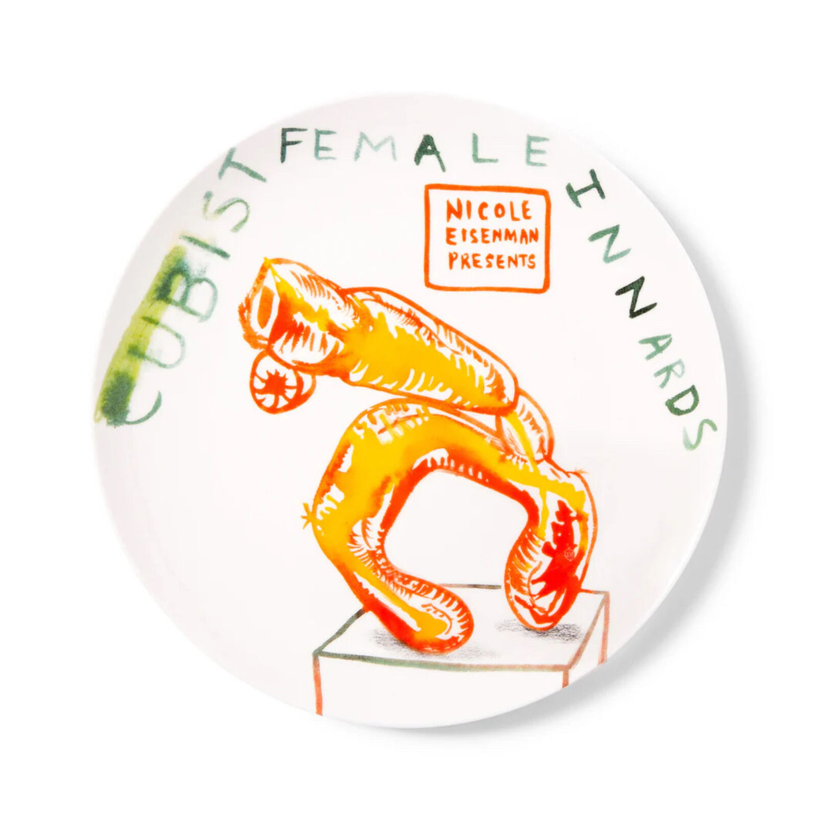 A plate with a drawing of a woman on it.