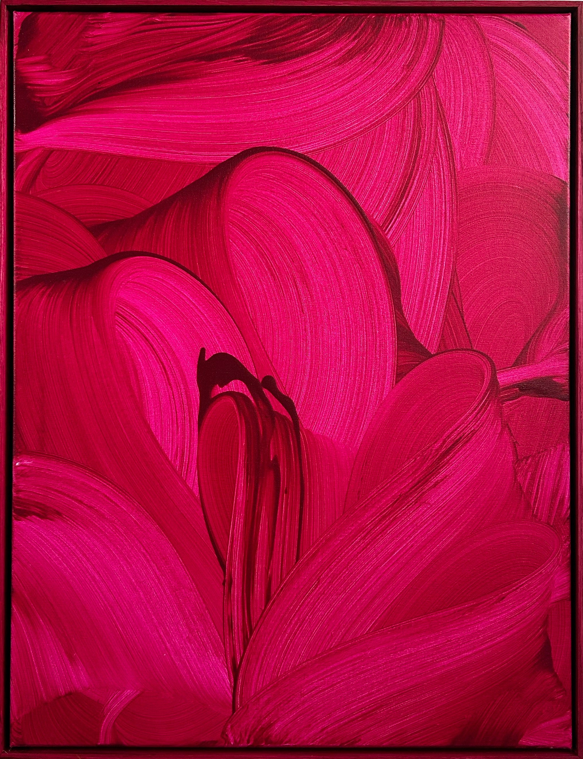 A painting of a pink flower on a red background.