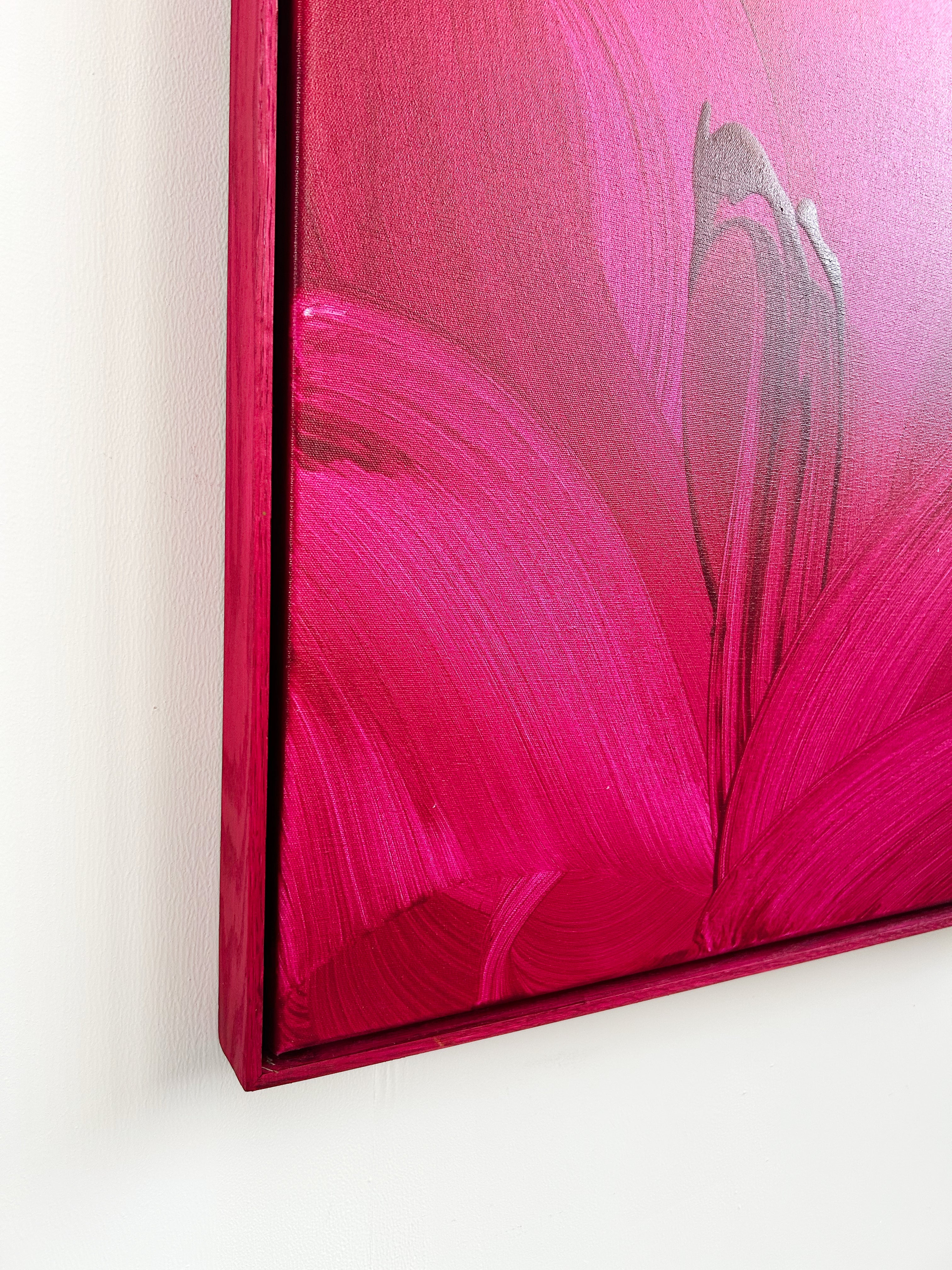 A painting of a pink flower on a red background.