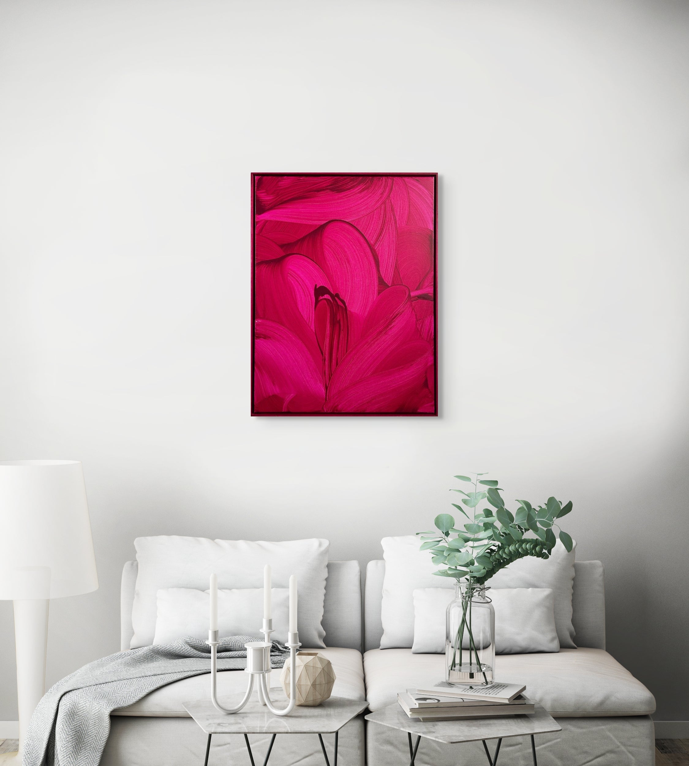 A painting of a pink flower on a red background.