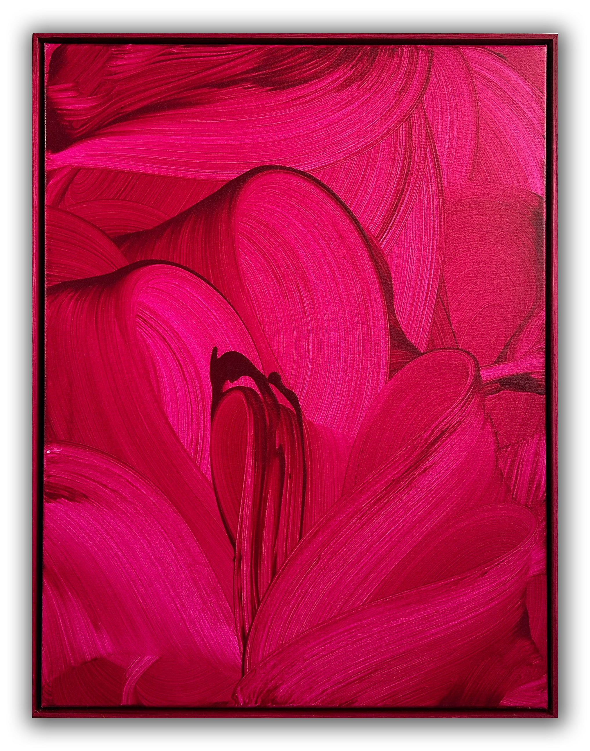A painting of a pink flower on a red background.