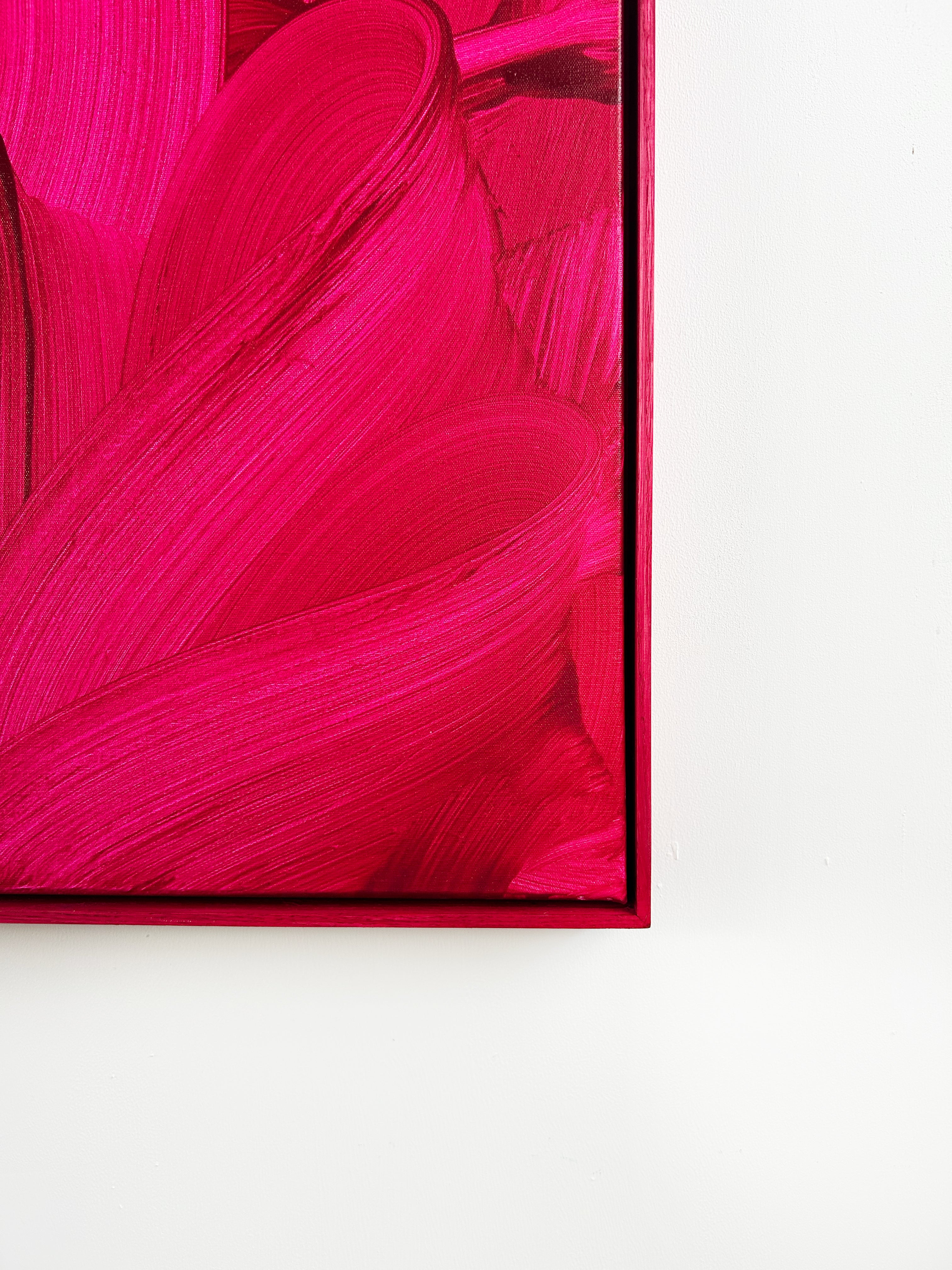 A painting of a pink flower on a red background.