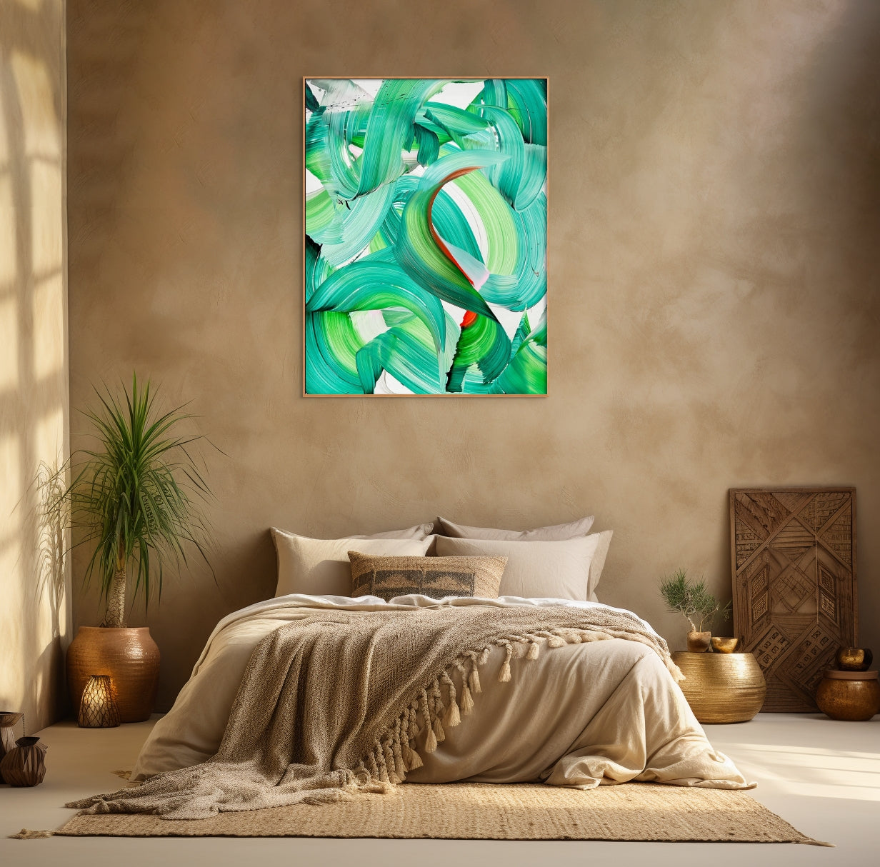 A painting of green and red leaves on a white background.