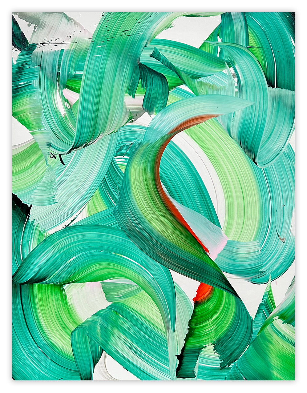 A painting of green and red leaves on a white background.
