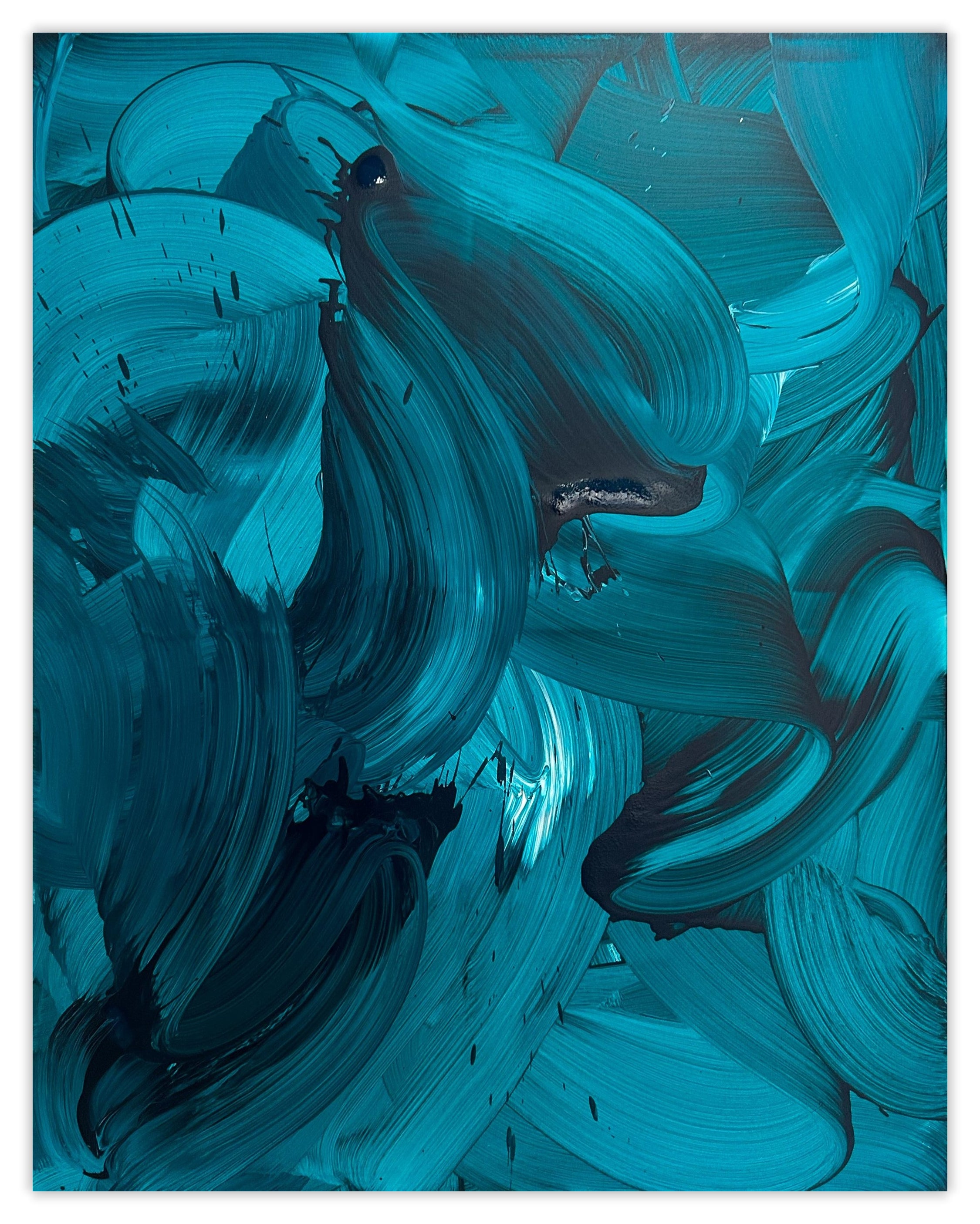 A painting of blue and black paint strokes on a white background.