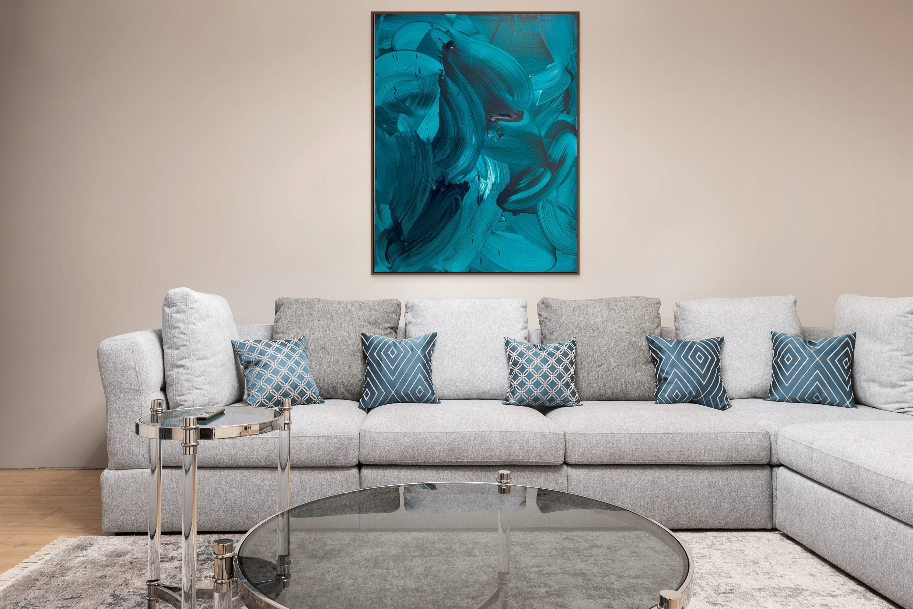 A painting of blue and black paint strokes on a white background.