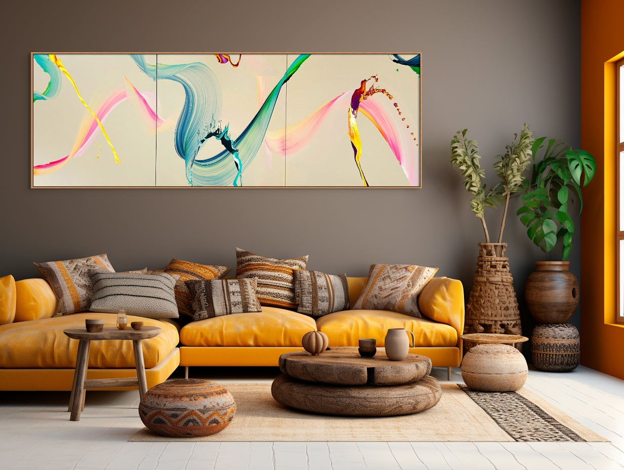 A painting on a white wall with a white background. 