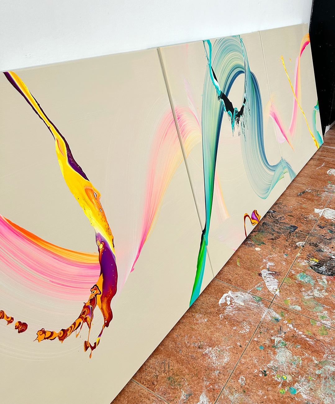 A painting on a white wall with a white background. 