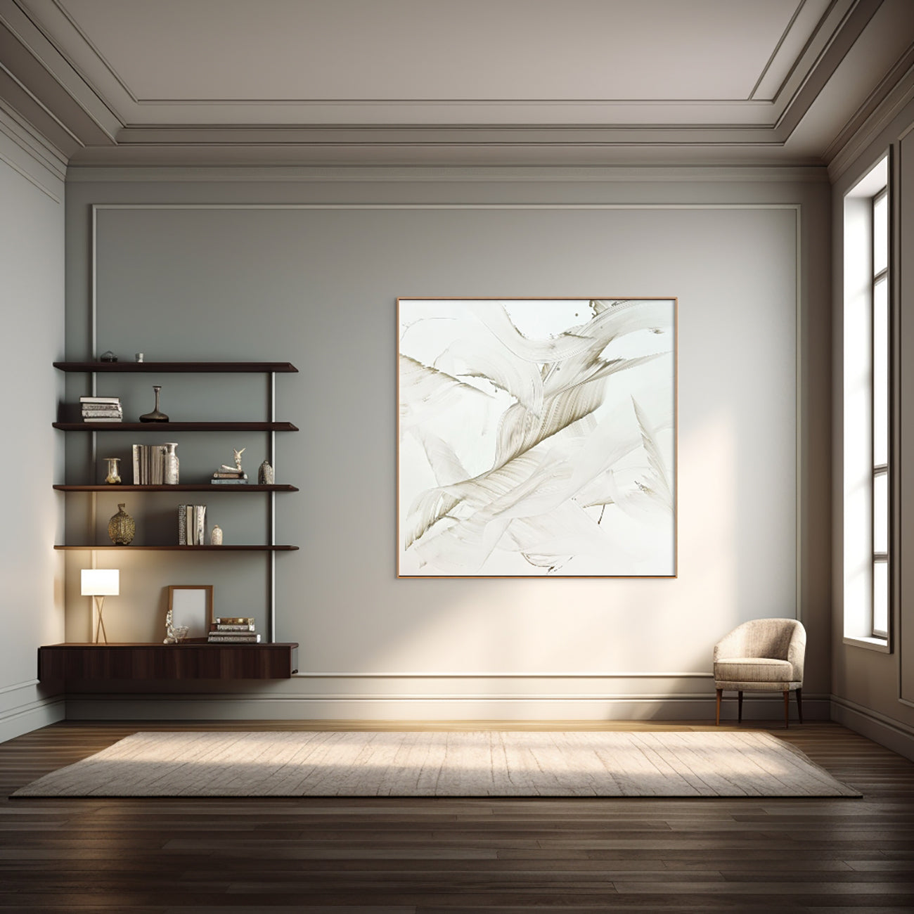 A painting of white feathers on a white background.