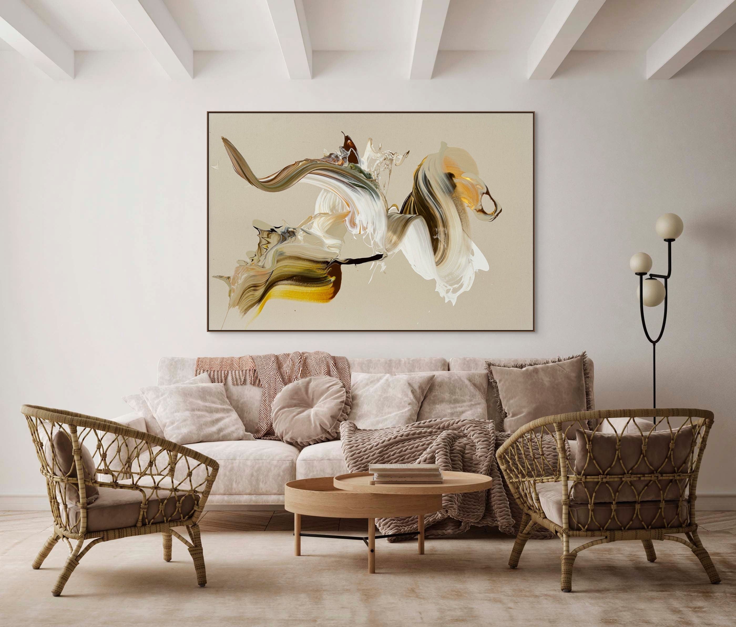 A painting of a horse's head on a beige background.