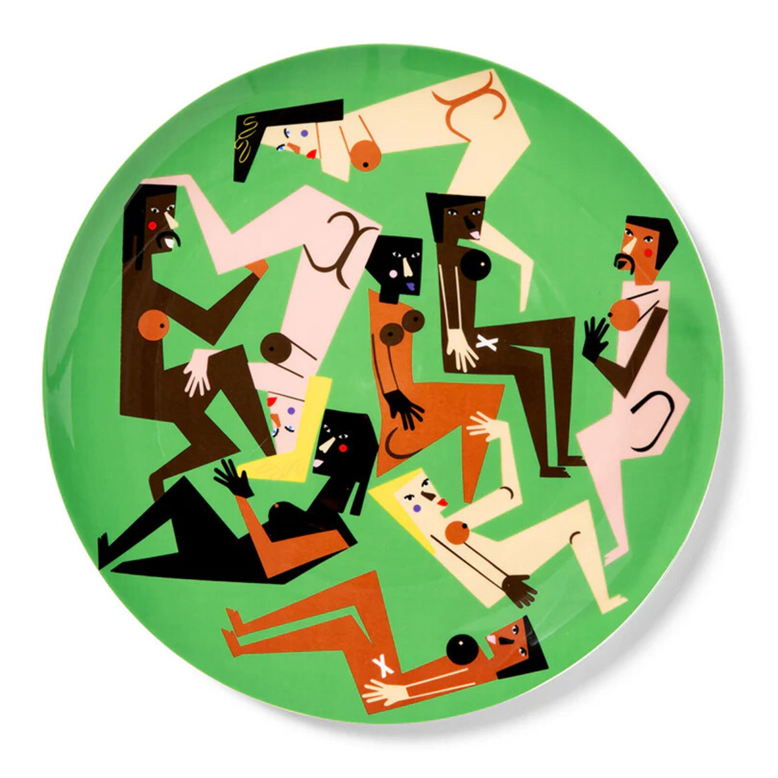 A green plate with a group of people on it.