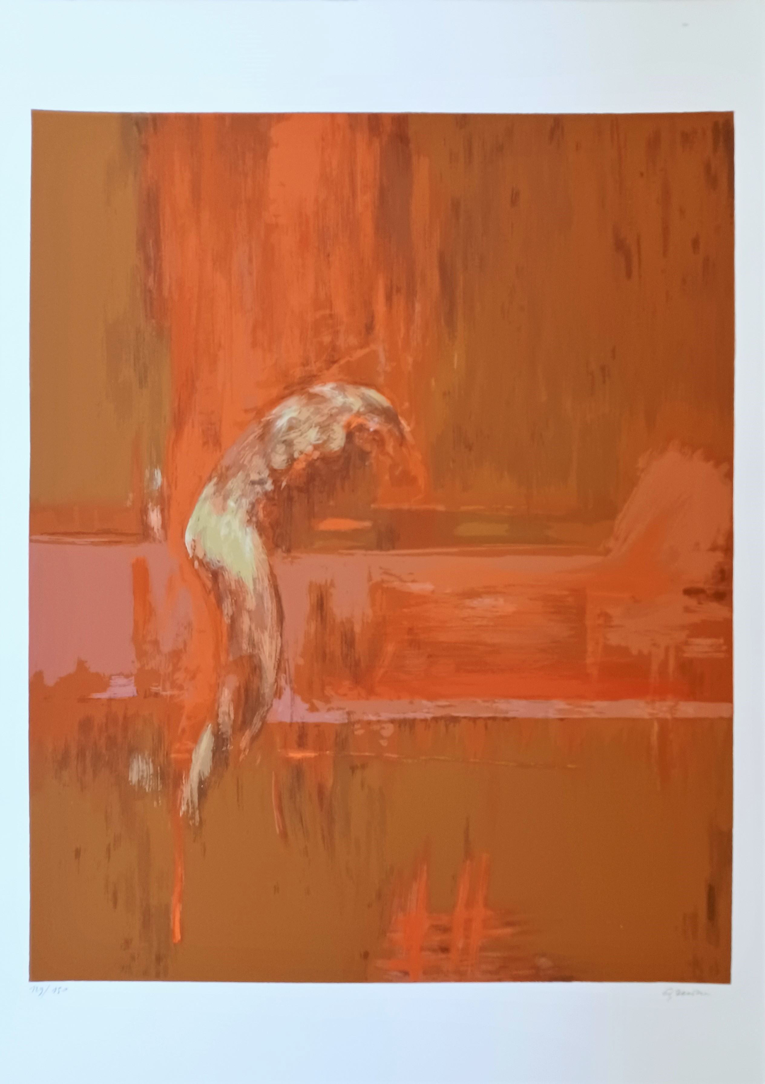 A painting of a bird flying over a body of water.