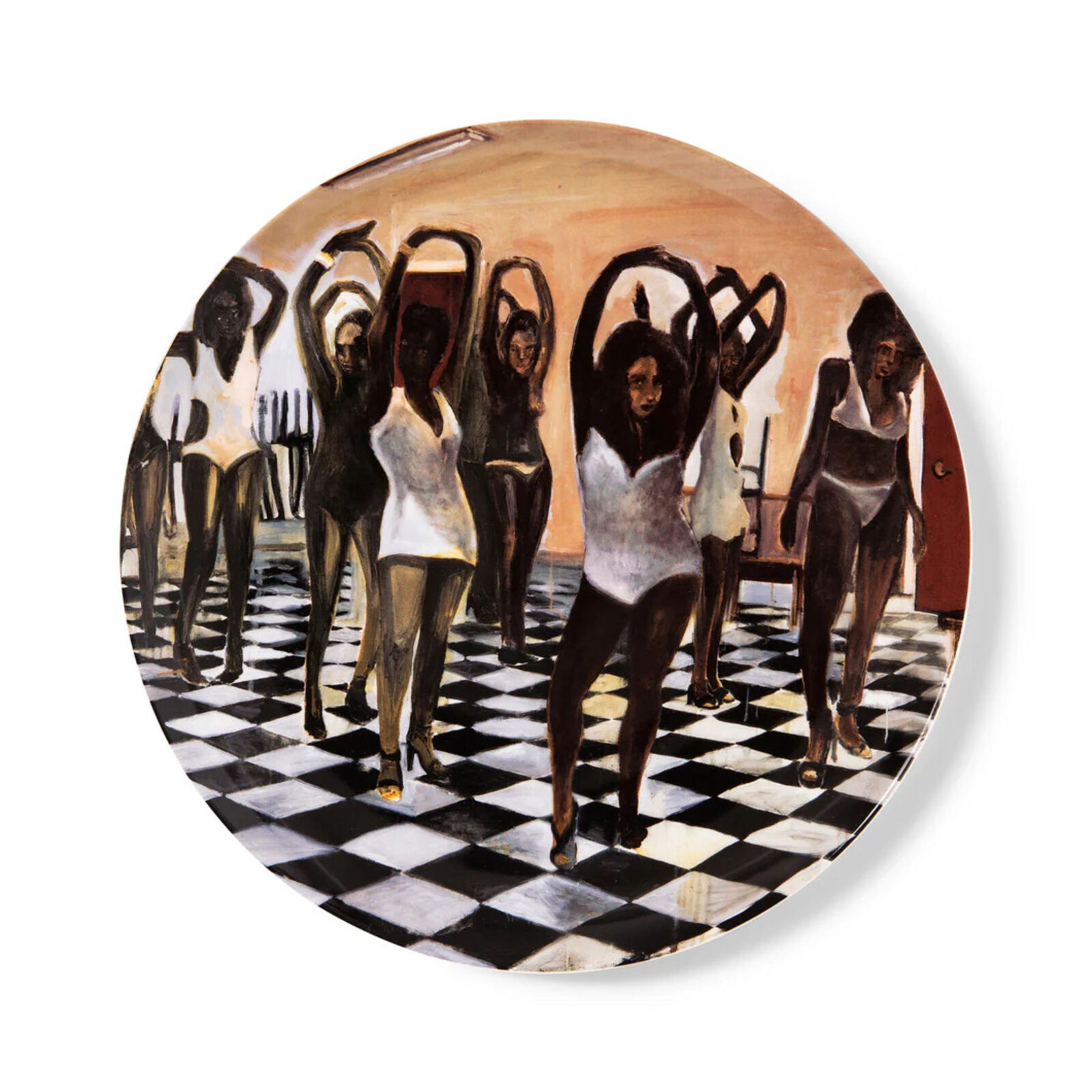 A painting of a group of dancers on a checkered floor.