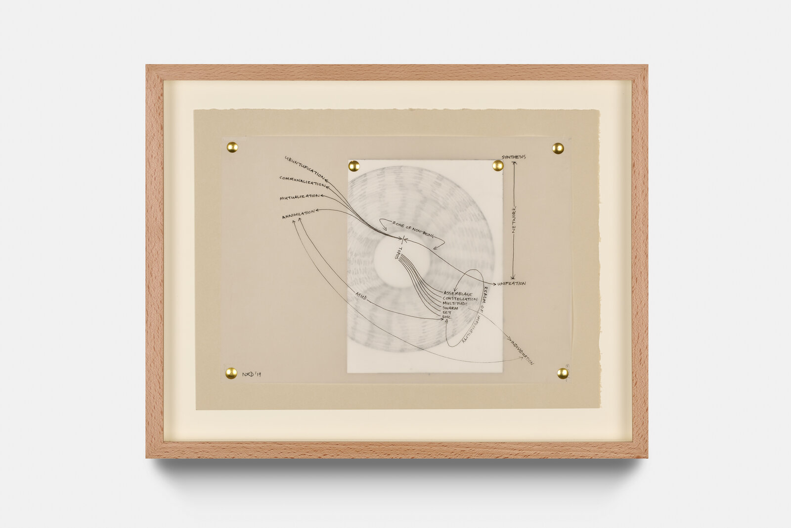 A picture of a drawing on a wall with a wooden frame.