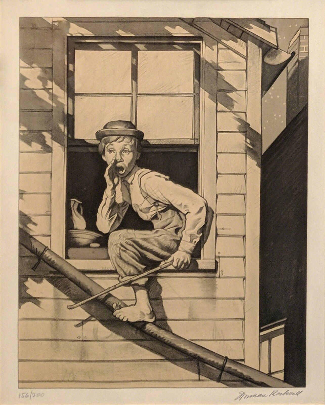 Artwork by Norman Rockwell, OUT THE WINDOW (SEPIA), Made of Lithograph 