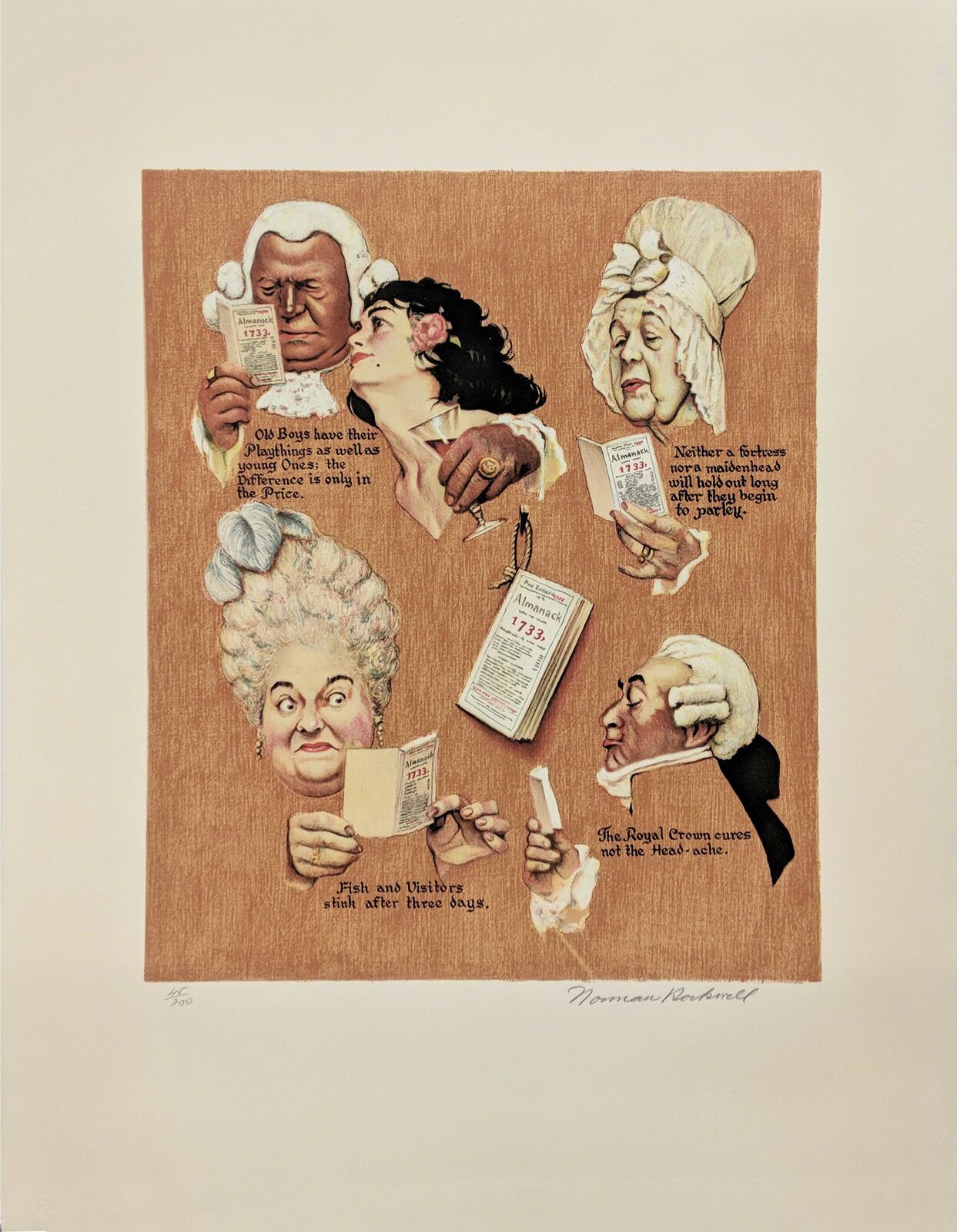 A drawing of a group of people reading a book.