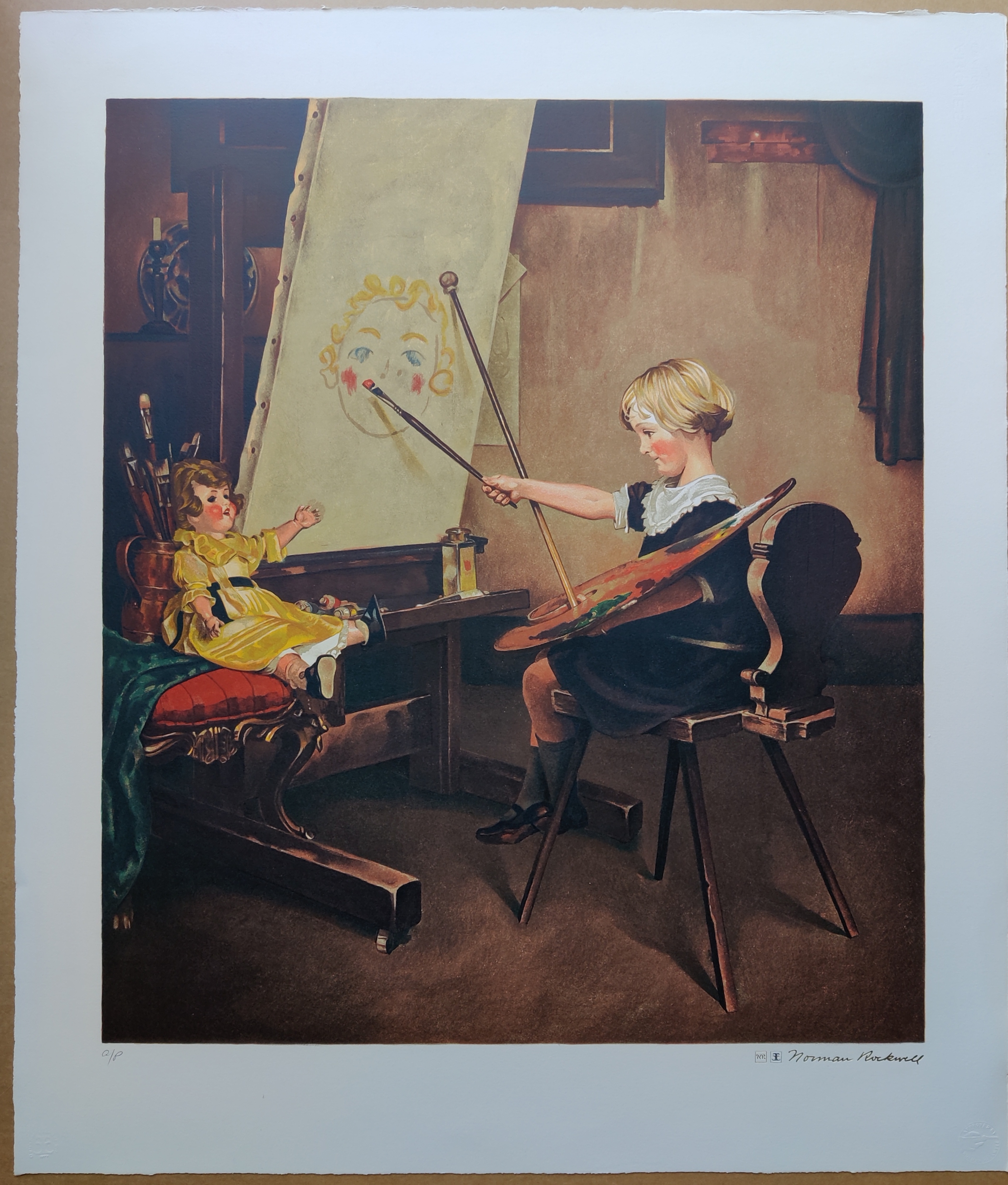 A painting of a woman painting a child on a easel.
