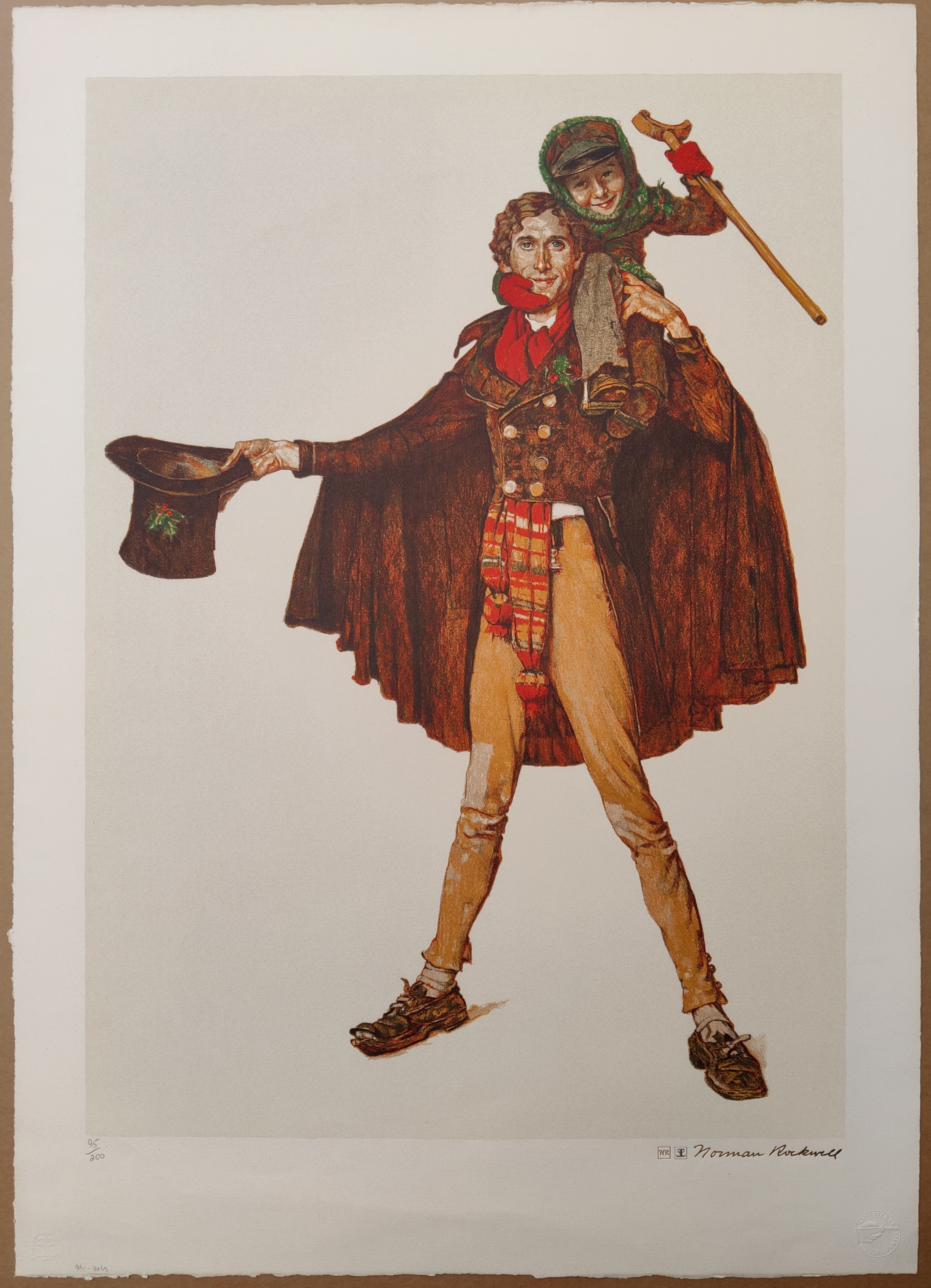 A painting of a man carrying a child on his back.