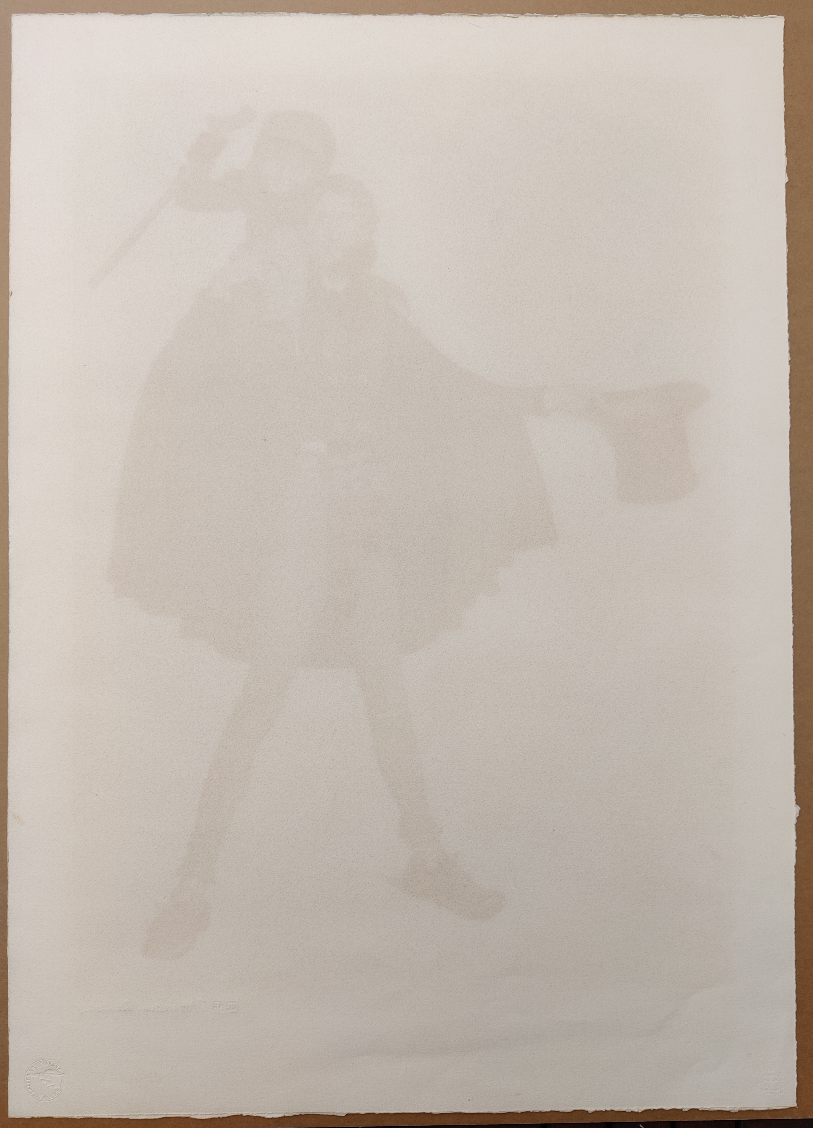 A painting of a man carrying a child on his back.