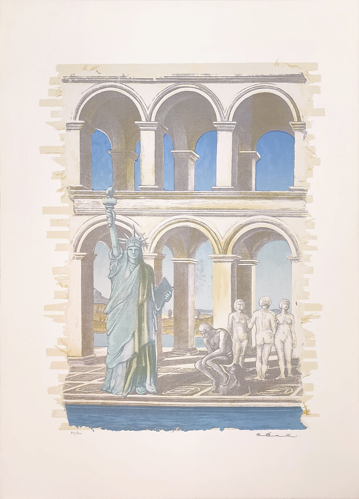 A drawing of a statue of liberty in front of a building.