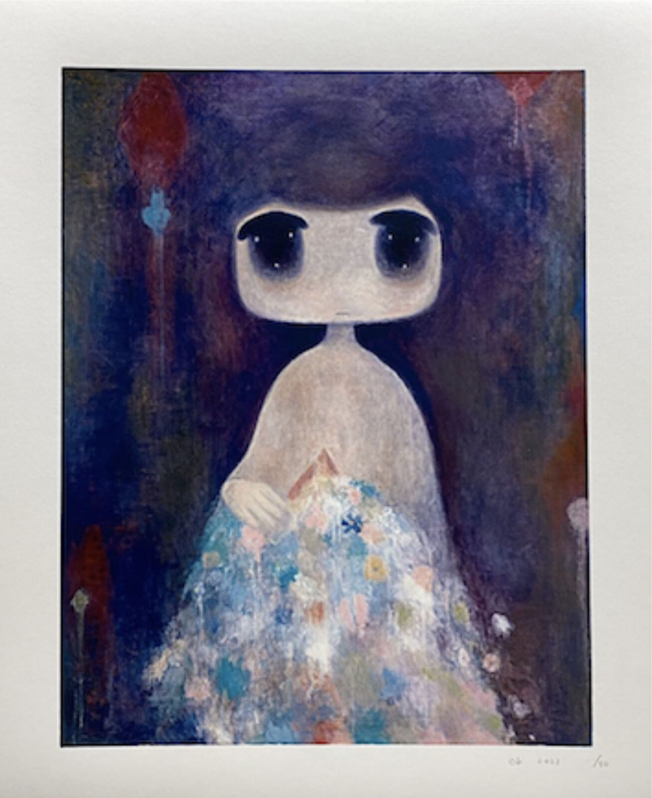 A painting of a little girl in a blue dress.