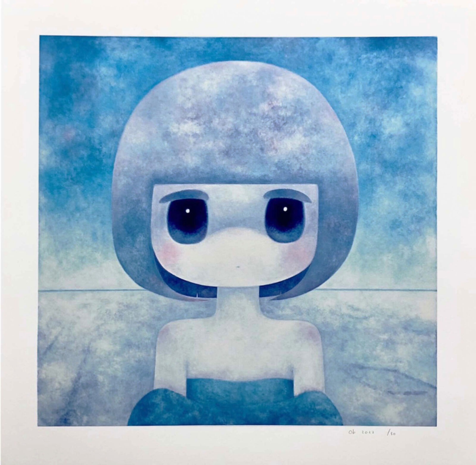 A blue and white illustration of a little girl with big eyes.