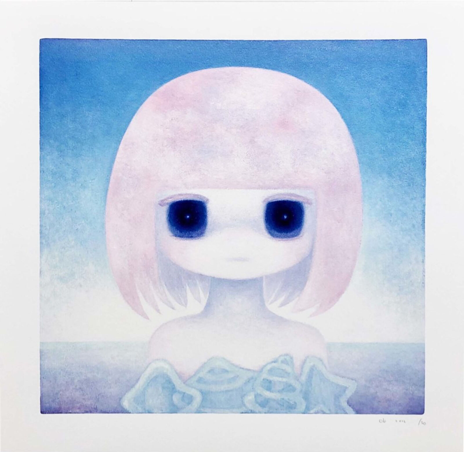 A painting of a girl with pink hair and blue eyes.
