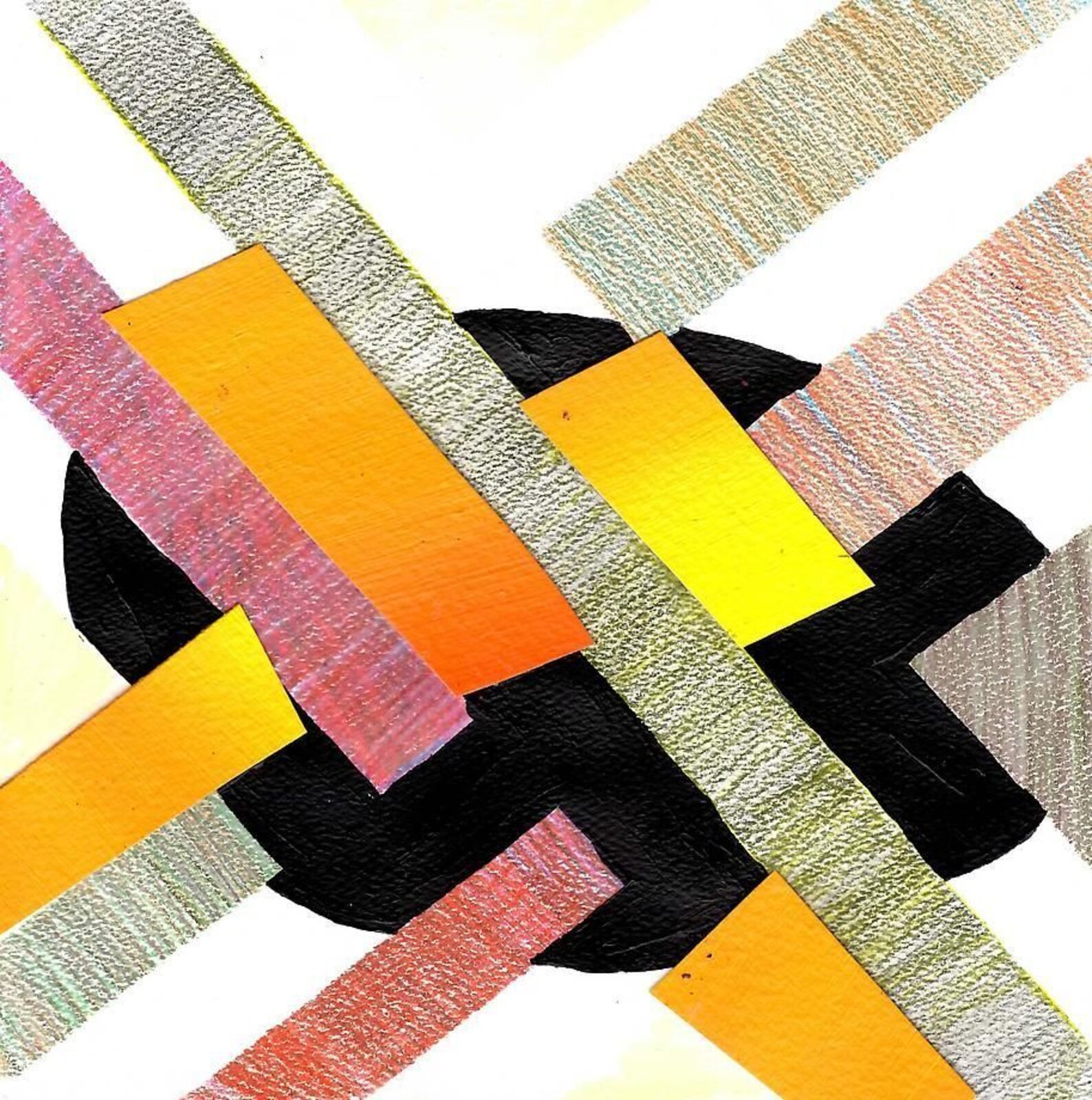 A geometric abstract composition featuring bold black shapes and vibrant colored strips against a textured background.