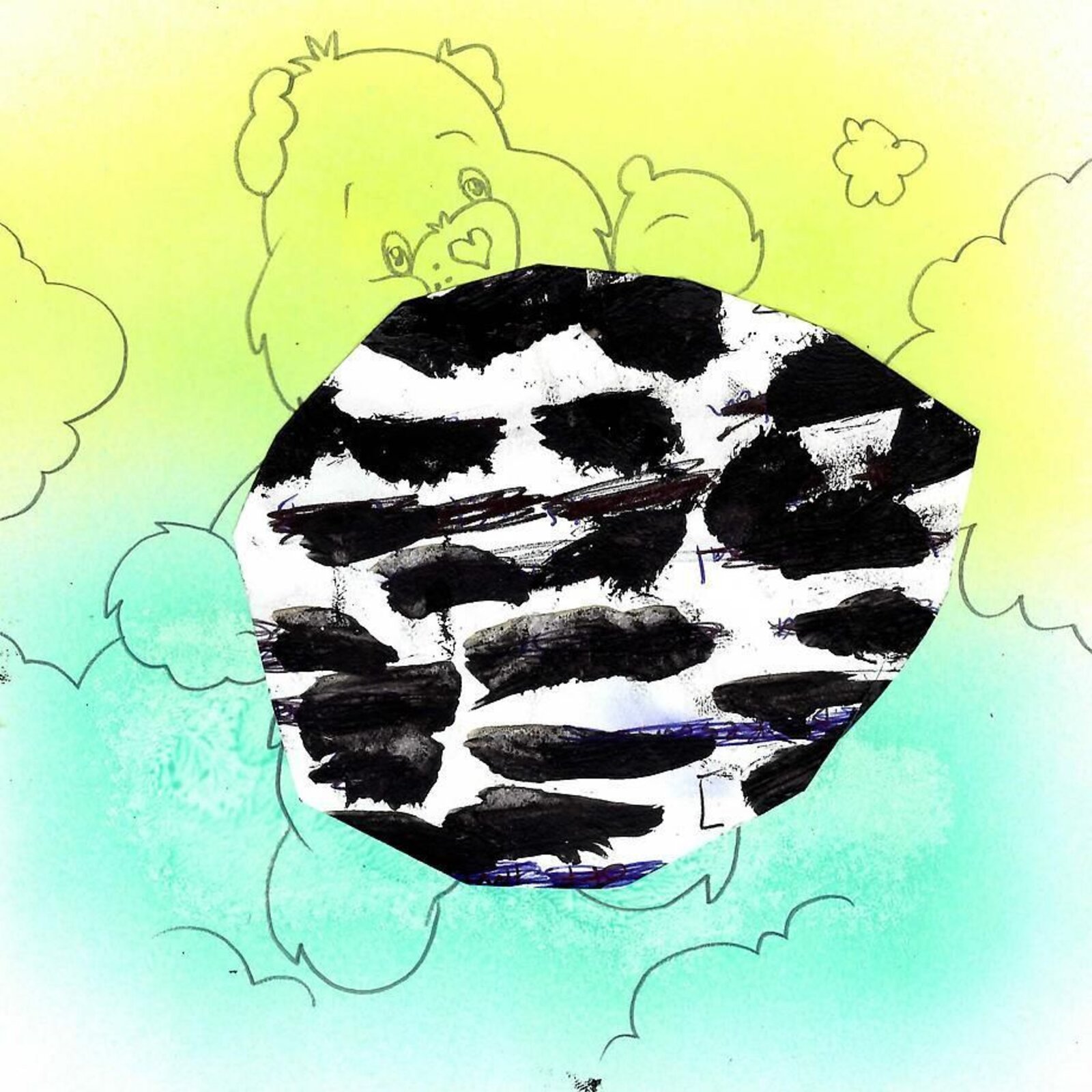 A whimsical illustration of a zebra-patterned sphere floating among clouds with faint animal outlines in the background.
